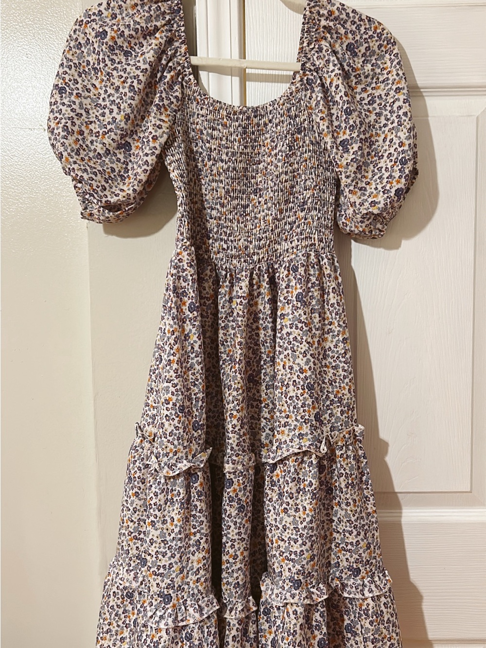 Girls' Floral Puff-Sleeve Maxi Dress - Cream & Blue